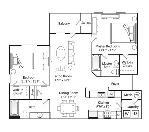 Floor plan for 2 beds, 2 baths, 1175 sqft